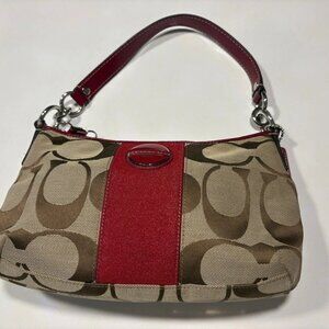 COACH Signature C Pattern Red and Brown Shoulder Bag Purse Silver Accents